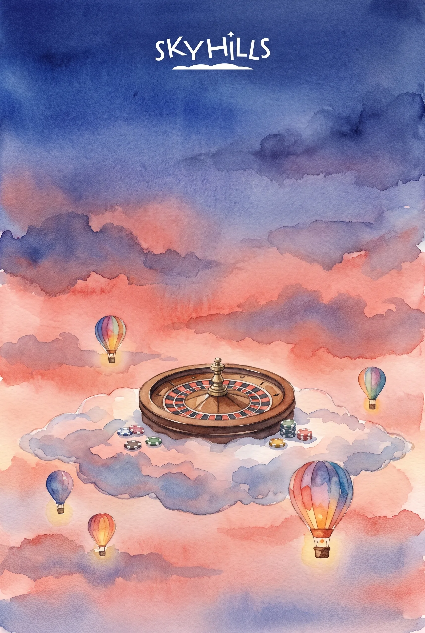 Watercolour illustration of SkyHills live casino