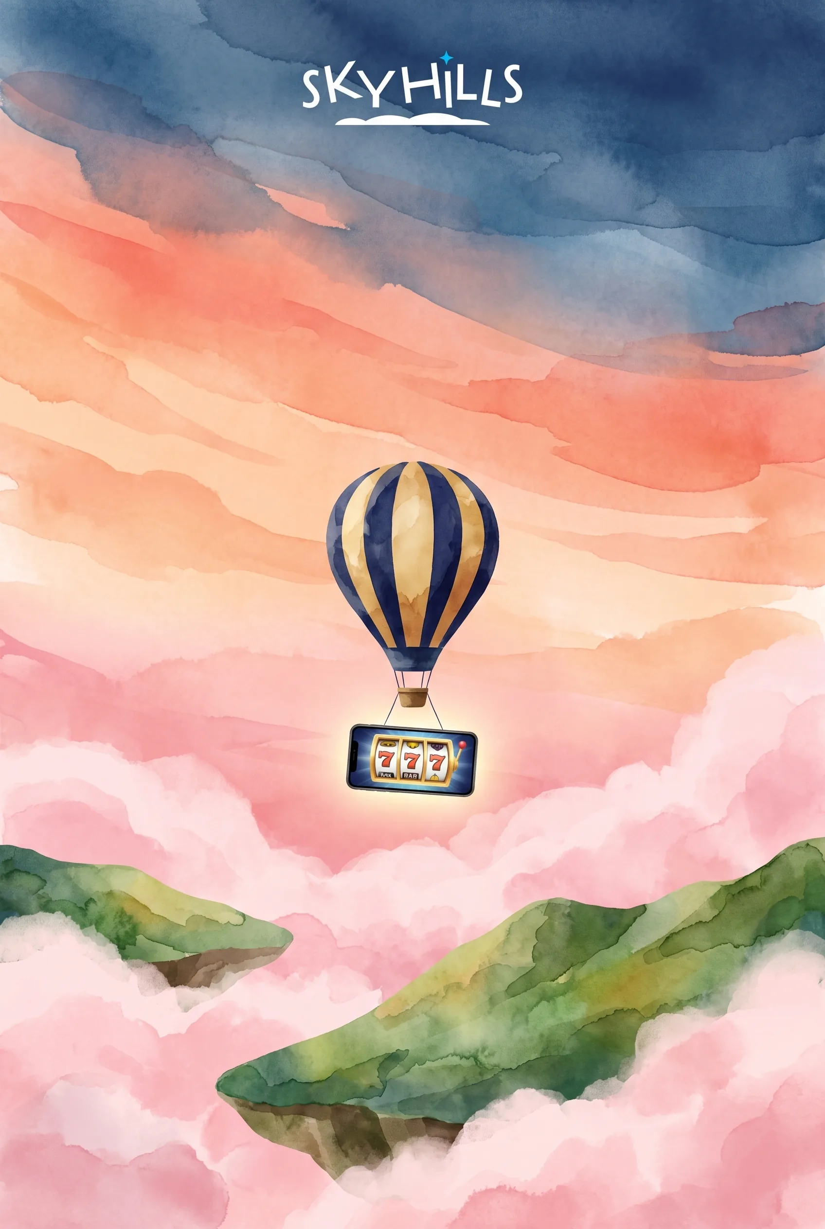 Watercolour balloon carrying a phone with a slot game