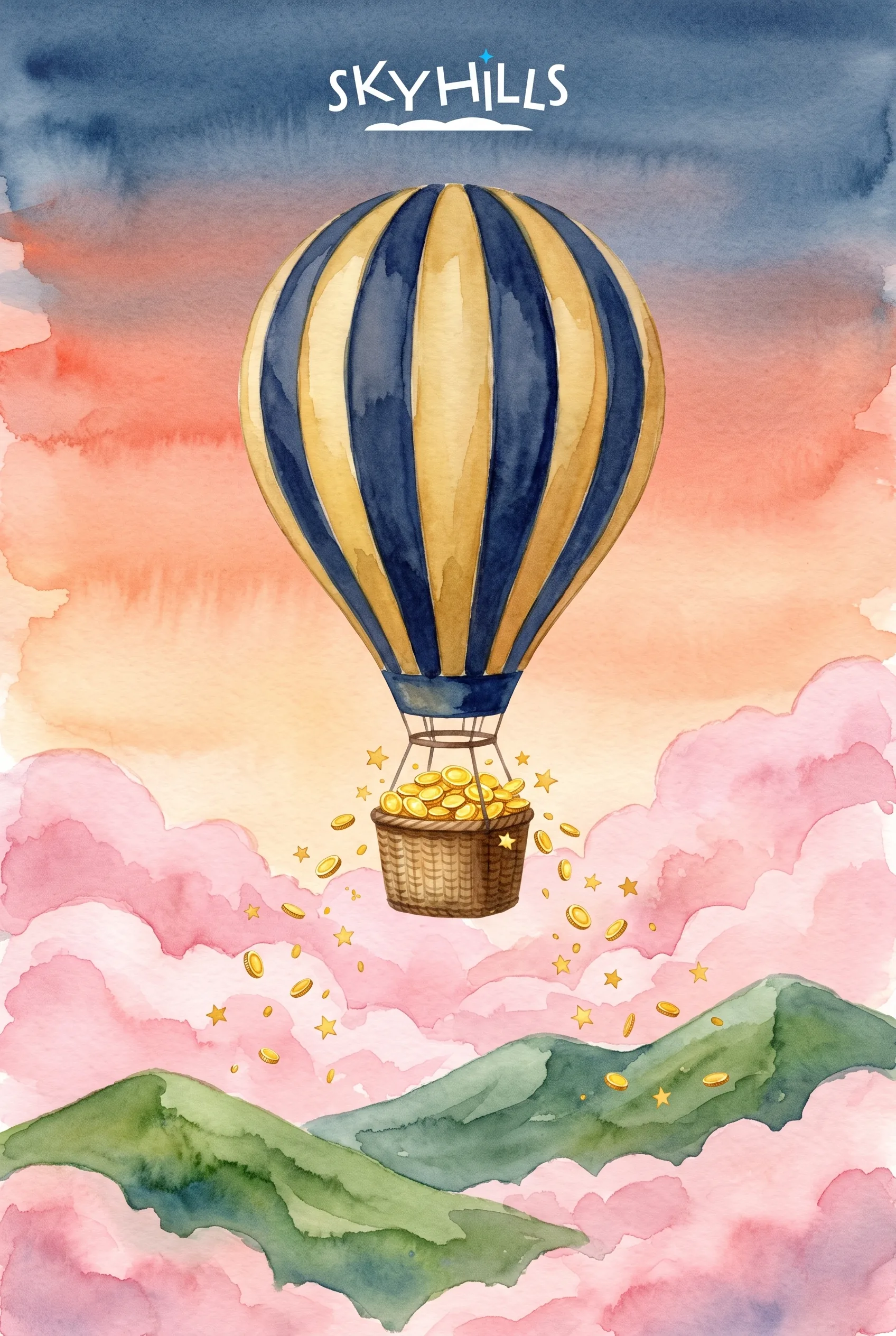 Watercolour balloon carrying coins above the clouds